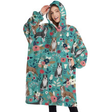 Oversized Wearable Blanket Hoodie,Pitbull Dog and Flower Floral Sherpa Blanket Hoodie with Super Pockets,Super Warm Fuzzy Pullover for Women & Men