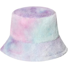 Hata Buicéad Te le Fionnadh Bréige Tie-Dye do Mhná agus Cailíní, Caipín Iascaire Geimhridh le Rainbow Fuzzy
