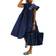ELFINDEA Sommerkleider für Damen 2024, Rundhalsausschnitt, lässiges Kurzarmkleid mit Rüschenbesatz, Übergröße, Marineblau, 2XL