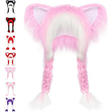 Mjuk pälsad djuröronhatt med flätor, kattöronhatt med flätor, mjuk och söt plyschkatthatt för vintervärme och cosplay
