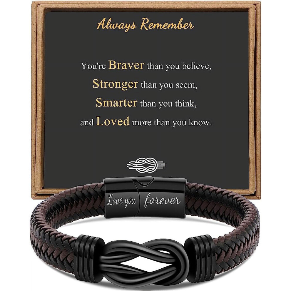 Men's Brown Braided Leather Bracelet for Dad, Husband, Boyfriend, etc. â Stainless Steel, Connected Forever, 7.5/8.5/21 in-image-OPC-PRYDSWY-NEW