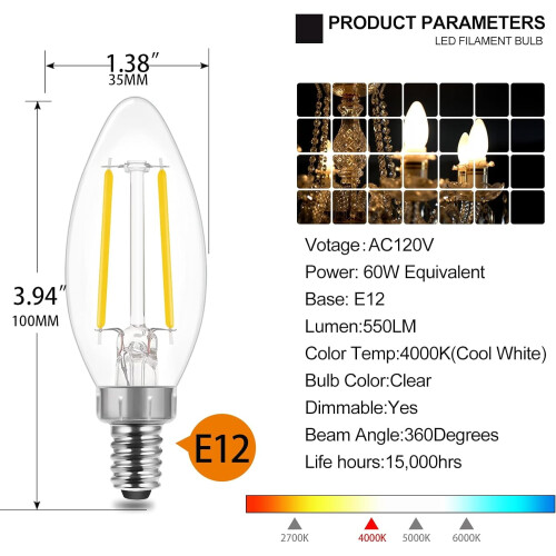 Ampoule E12 candelabra à intensité variable 4000K 550LM B11 Filament transparent 1