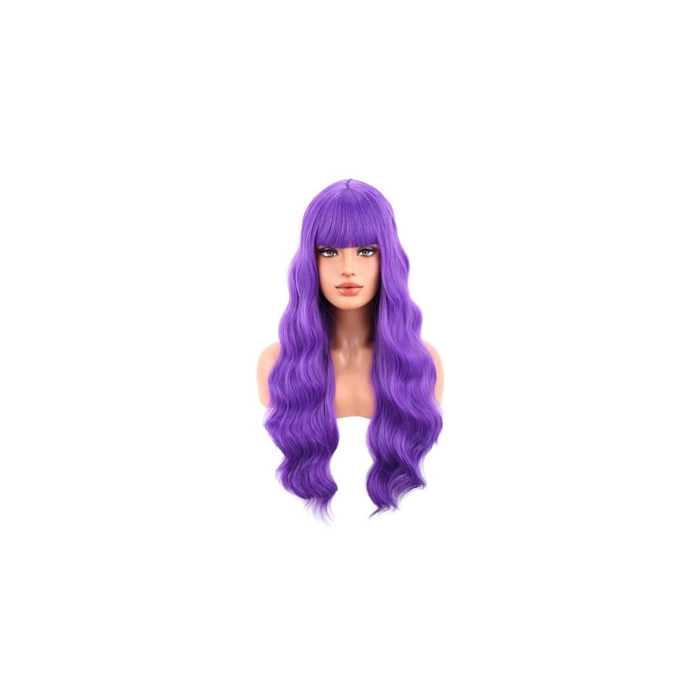 Dark Purple Long Curly Wavy Wig with Bangs 24 inches