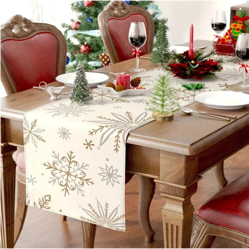 Winter Table Runner Snowflake Design Linen 33x93cm 1
