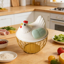 Panier à œufs à couvercle bleu et rayures noires – Panier de rangement en métal pour œufs et légumes