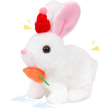 Coelho de Pelúcia Saltitante Branco com Chapéu, Orelhas e Nariz Móveis - Brinquedo Educativo Interativo Elétrico para Crianças Pequenas, 18 cm