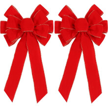 2 Pack Red Velvet Christmas Bows, 12"x20", Glitter Gold Edge, for Tree Topper, Wreath & Front Door Decor
