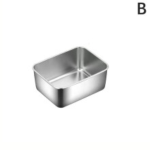 Bandeja rectangular de acero inoxidable para almacenar alimentos con tapa.