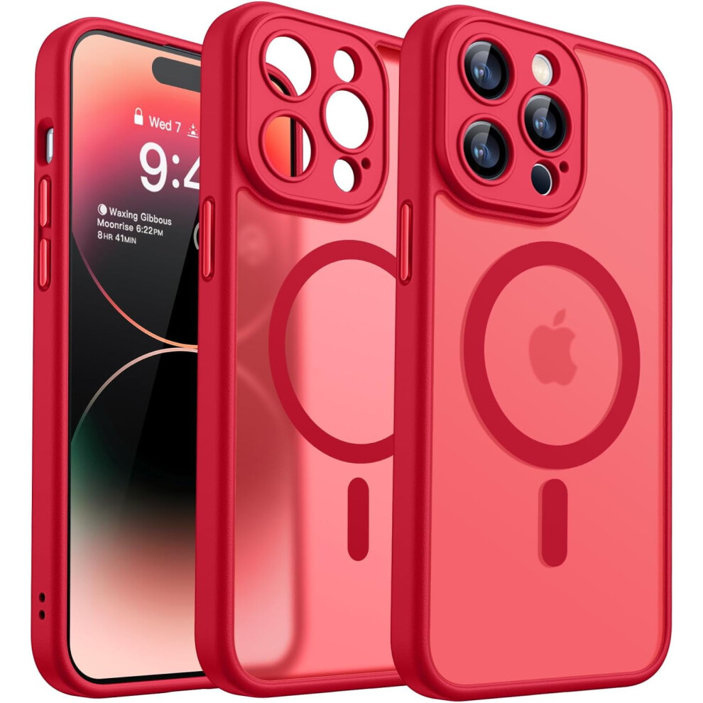 Magnetic Iphone 14 Pro Case (6.1") – Full Camera Protection, Magsafe Compatible, Translucent Matte, Shockproof – Red 9425574172679