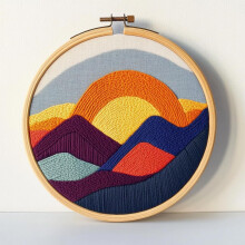DIY Punch Needle Kit: Mountains & Sunset Landscape – Easy for Beginners, Includes Printed Pattern & Hoop (20x20cm), Compatible with Standard Punch
