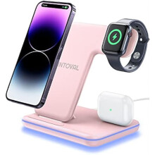 3-i-1 trådlös laddningsstation kompatibel med iPhone 15/14/13/12/11/XS/XR, iWatch 9-2/SE, AirPods Pro 1-2/3, AirPods 1-2 (Z5, Power Pink)