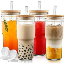 Gobelet Mason Jar de 710 ml (24 oz) avec couvercle en bambou et paille, gobelet pour boba/smoothie – Gobelets en verre réutilisables à large