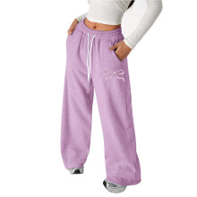 Girls Bow Drawstring Pants Loose Fit Lightweight Straight Leg Athletic Casual Joggers for Play and Everyday Comfort,Z04 Purple,4-5 Years