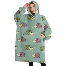 Oversized Wearable Blanket Hoodie,Cute Hedgehog Pattern Sherpa Blanket Hoodie with Super Pockets,Super Warm Fuzzy Pullover for Women & Men