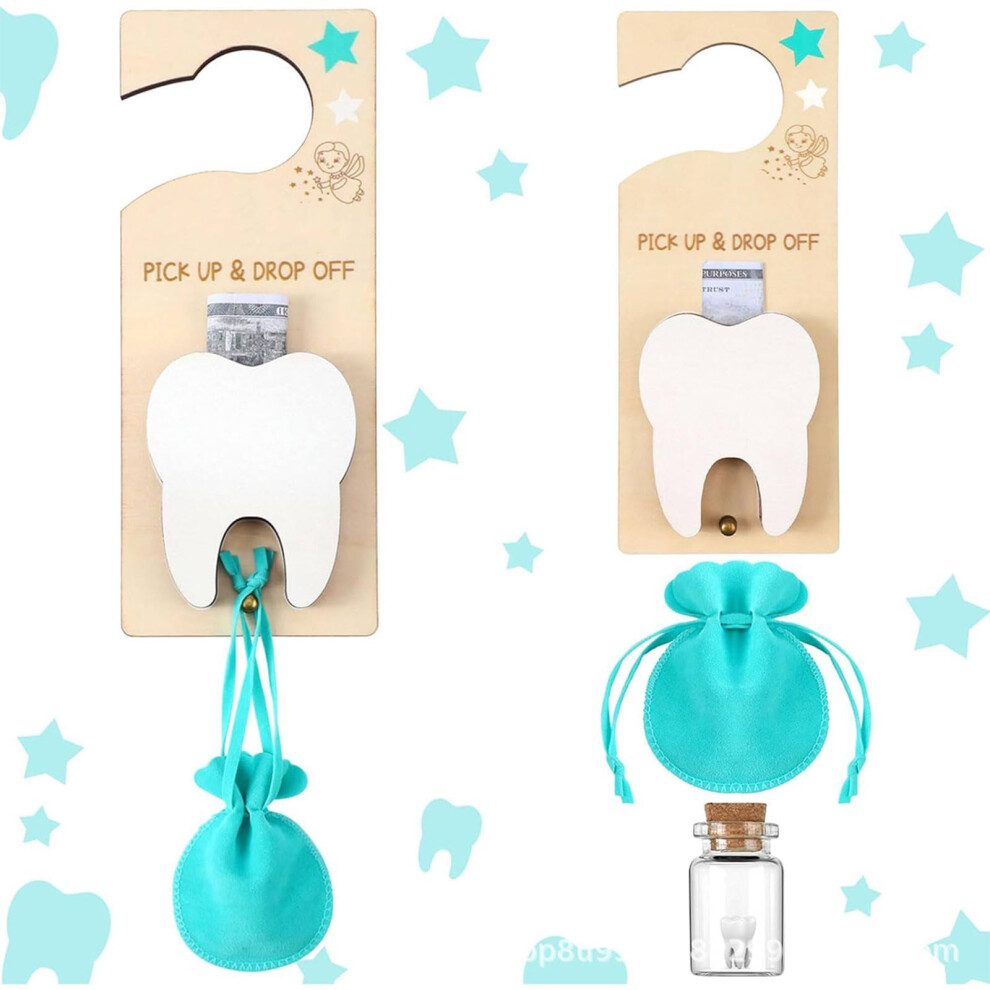 Kids Tooth Fairy Kit with Wooden Door Hanger, Glass Bottle & Velvet Pouch – Keepsake Set | Compatible with Tooth Fairy Tradition