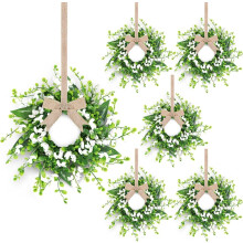 Lot de 6 couronnes de forsythia artificielles suspendues, mini anneaux de buis vert pour bougies piliers, portes, porches, murs — Convient pour une