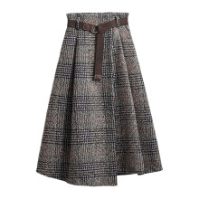 Dámska kockovaná vlnená sukňa Vintage s vysokým pásom, áčkovým strihom, asymetrickým lemom, rozparkom a midi sukňou