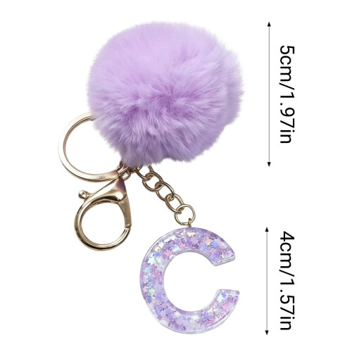 Porte-clés pendentif alphabet pompon violet 26 lettres