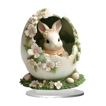 Osterhase 2D Acryl-Dekoration, eiförmige Tischdekoration mit Blume für Zuhause, Büro und Regal