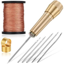 9-Piece Leather Sewing Awl Kit w/ 45m Thread, Thimble, 6 Needles, Copper Handle – Compatible with Craft & Shoe Repair