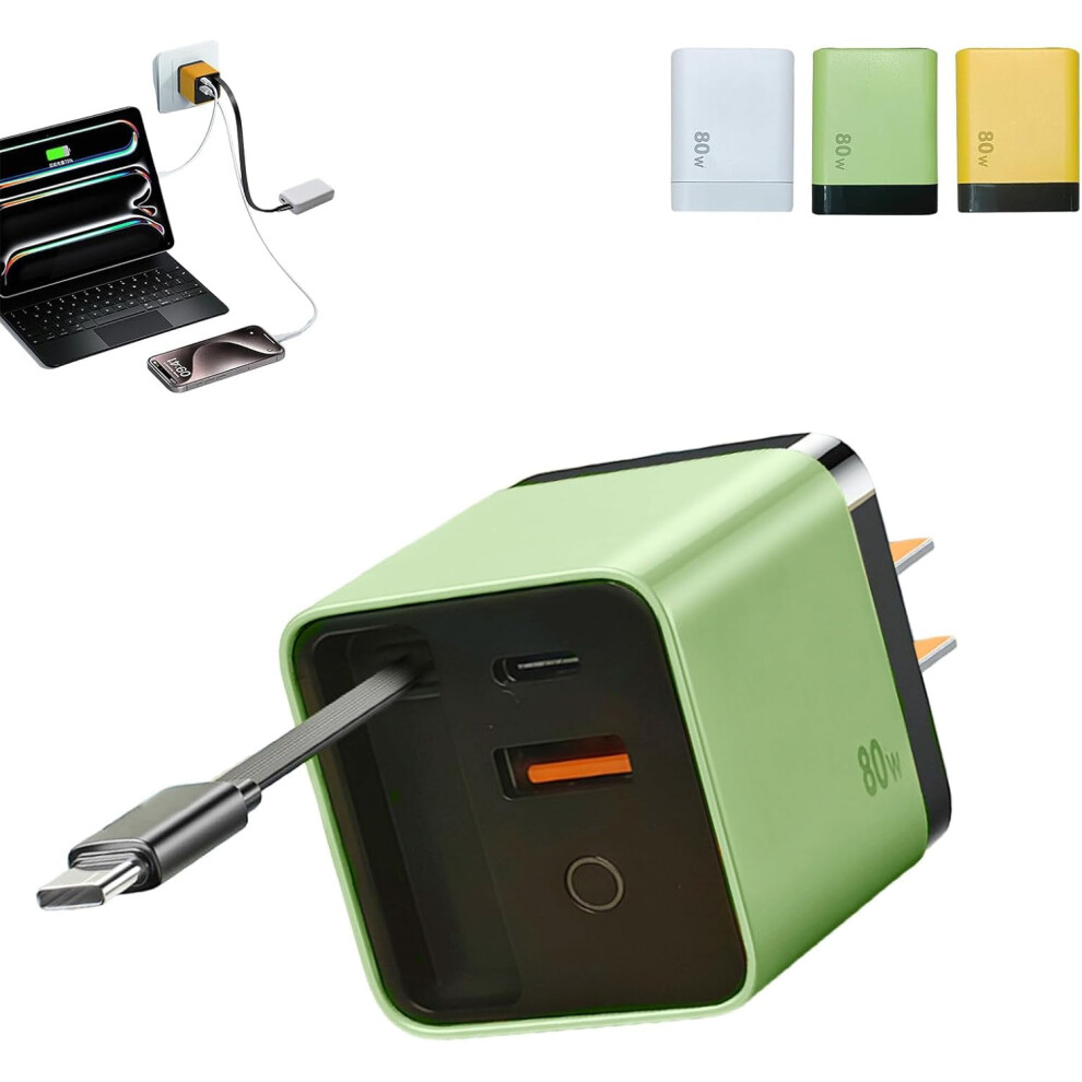 3-In-1 Retractable 80W Fast Charger Wall Plug With Built-In Cable, Usb-C & Dual Usb Ports Â Compatible With Phones, Tablets, Laptops 9071309089554