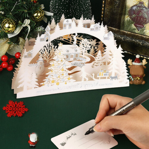3D-Weihnachtskarten, lasergeschnitten, Winterdorf, Weiß/Gold 4