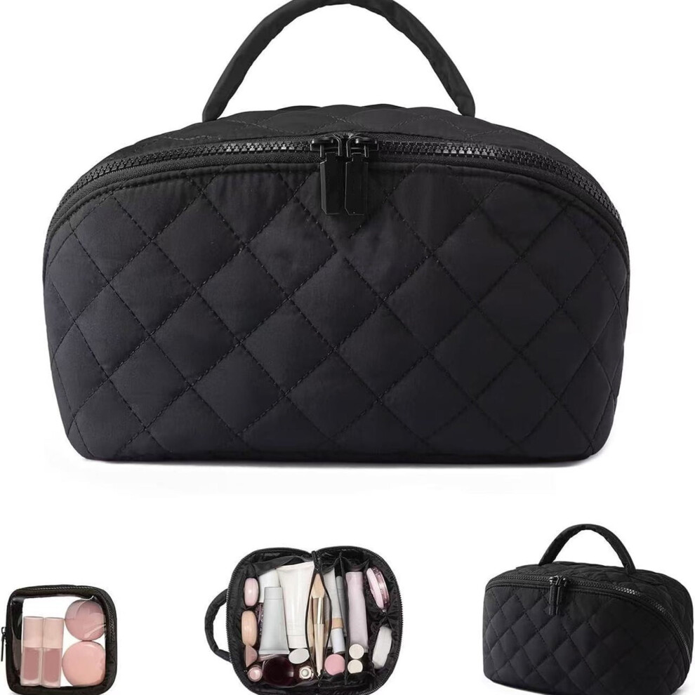 Large Capacity Lay-Flat Waterproof Makeup Bag for Women, Puffy Padded Cosmetic Case with Compartments, Compatible with Toiletries & Brushes
