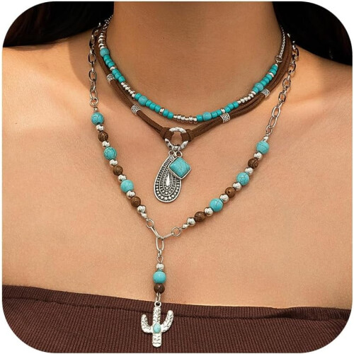 Boho-Türkis-Perlenhalsketten-Set für Damen