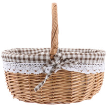 Hand Woven Picnic Bag Gift Basket Wicker Storage Basket Linen Inner Basket for Storage Use Size L (Primary Color Coffee Plaid Fabric)