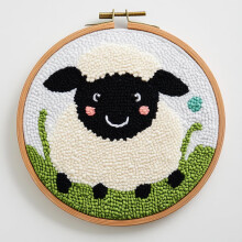 DIY Punch Needle Kit: Black & White Sheep on Grass, Easy for Beginners, Includes Printed Pattern, Hoop (20x20cm), Home Decor – Compatible with Punch