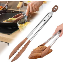 Pince de cuisine en bois (23 cm), manche long antidérapant, pour cuisiner, servir, griller, faire des barbecues et mélanger les salades.