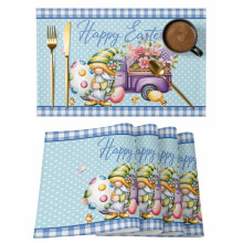 Set de 1 set de table « Joyeuses Pâques » – Motif gnome printanier, œufs, camion, carreaux à fleurs et pois bleus, antidérapant, lavable,