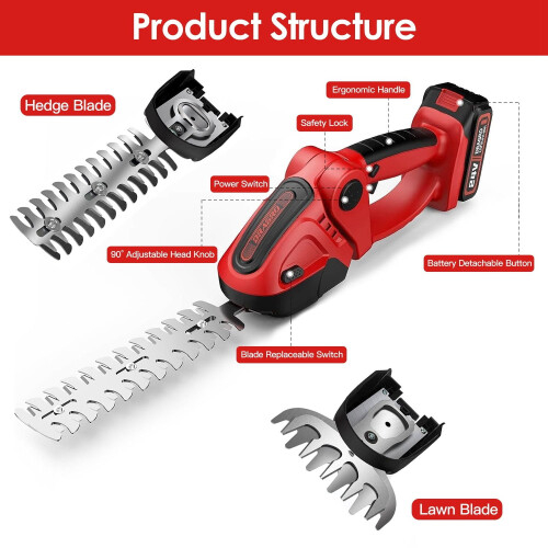 24V Cordless Handheld Grass Shear Hedge Trimmer with 90  Cutting Angle 2Pcs Replaceable Blades 1