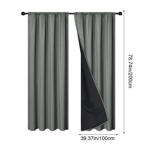 Dark Grey Polyester Rod-Pull Blackout Curtains 200x100cm 2