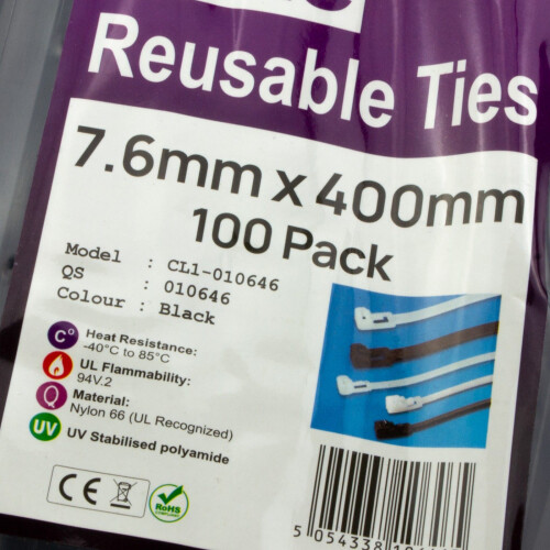 Releasable Cable Ties 7.6mm x 400mm Reusable Black [100 Pack] 1