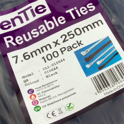 Releasable Cable Ties 7.6mm x 250mm Reusable Black [100 Pack] 1