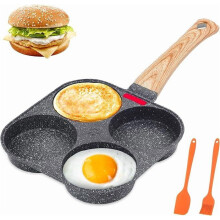 Poêle à œufs antiadhésive, 4 trous, avec poignée, multifonctionnelle, poignée en bois, idéale pour les omelettes.