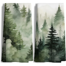 Torchons de cuisine vert forĂŞt montagneuse, lot de 2, 40 x 60 cm