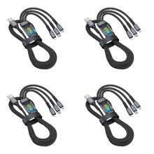 3 az 1-ben USB kábel, 100 W-os gyorstöltés, átlátszó, világító, nejlon fonott, Type-C és Android eszközökkel kompatibilis, 1,2 m, 4 db