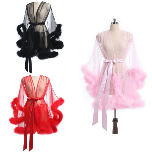 Quimono feminino transparente com detalhes em tule e cinto. 1