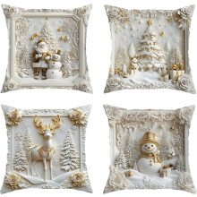 Lot de 4 housses de coussin de Noël (45x45 cm, 40x40 cm, 50x50 cm) – Bonhomme de neige et renne, gaufrage 3D, blanc, lavable en machine,