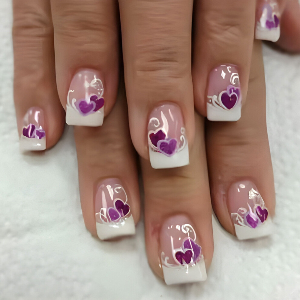 24 Pcs Short Square False Nails Heart Artificial Nails French Tip on Nails Valentines Day
