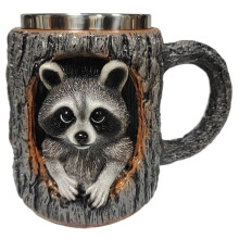 Handgefertigter Keramikbecher mit Waschbär-Eulen-Baumhöhlenmotiv – Einzigartige Kaffeetasse mit Tiermotiv für Zuhause, Büro und Küche –