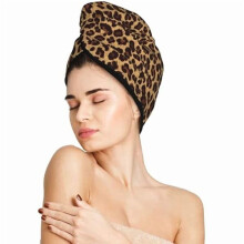 Leopard Hair Towel Wrap Microfiber Fast Drying Hair Turban with Buttons for Women Men Drying Curly, Long & Thick Hair