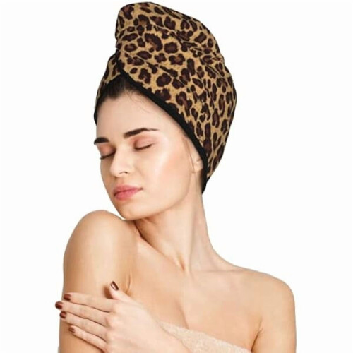Leopard mikrofiber hårhåndklæde med knapper