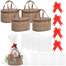 4 set flätade träkorgar med väskor, rosetter, kort – rustika hopfällbara presentkorgar (28x21x16 cm) för dusch, födelsedag, inflyttningsfest