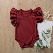 Girls Boys Onesie Summer Comfortable Solid Color Ruffle Round Neck Short Sleeve Bodysuit Baby Sweet Beach Bodysuit,Red,12-18 Months