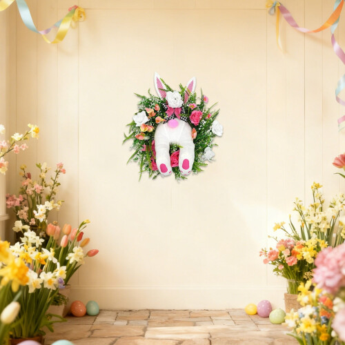 Påskeharedørkrans blomster3D-kanin med hvit rosa 1