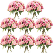 8 bouquets de pivoines artificielles – Rouge roux et rose clair, en fausse soie, pour vase, mariage, décoration de fête (compatibles avec les