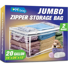 Sac de rangement pour vêtements de 20 gallons avec fermeture éclair – Transparent, poignées renforcées, pour couettes/couvertures/oreillers
